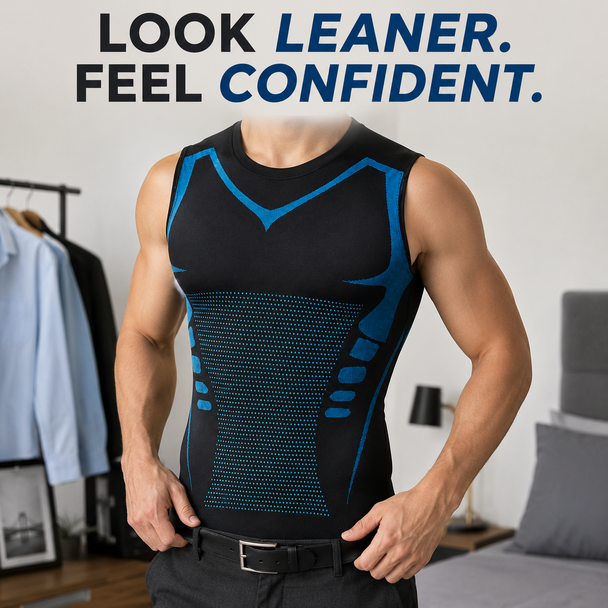Person wearing a black and blue compression shirt with text 'Look Leaner. Feel Confident.' in a bedroom setting.
