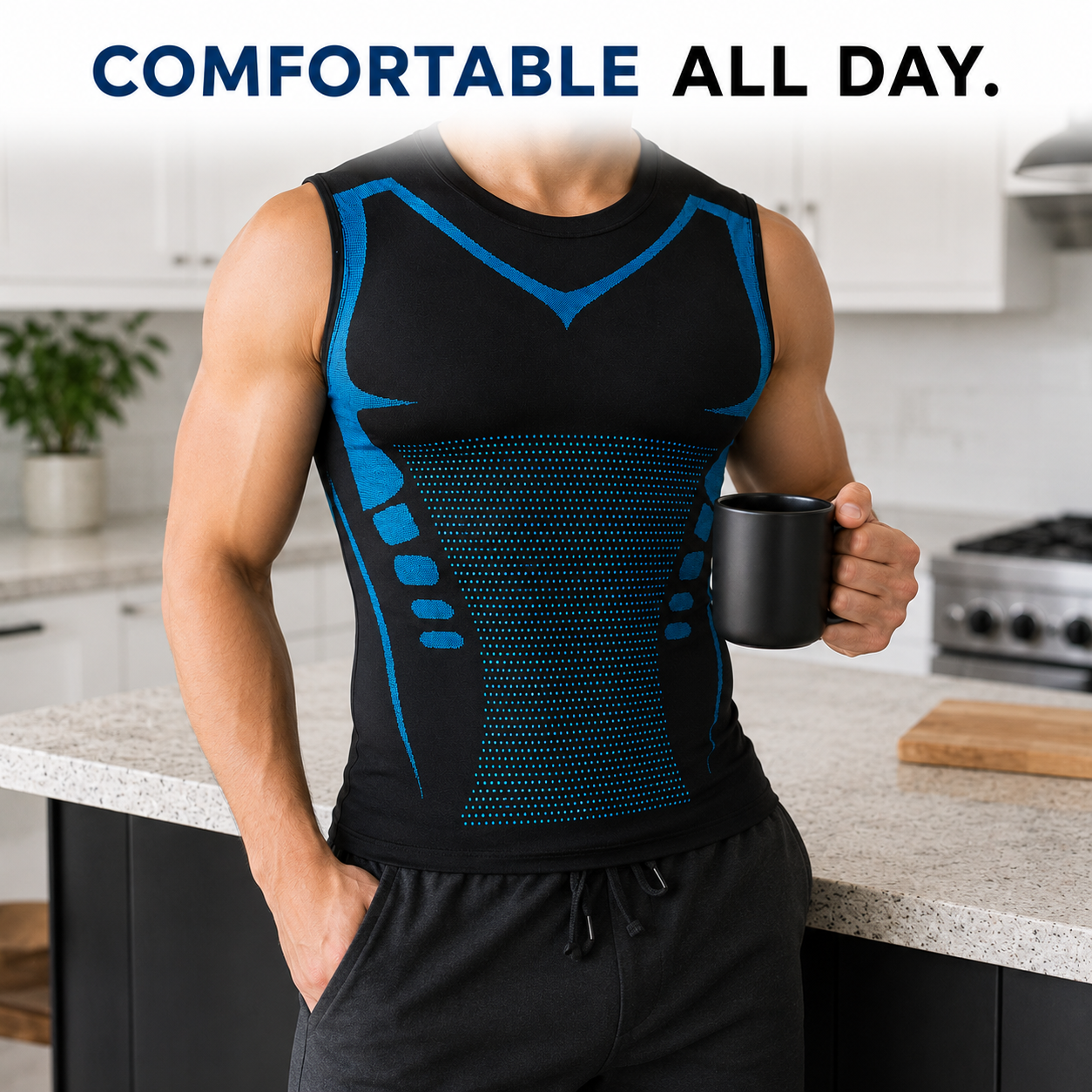 Person wearing a black and blue athletic tank top holding a mug in a kitchen.