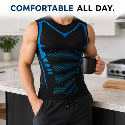 Person wearing a black and blue athletic tank top holding a mug in a kitchen.