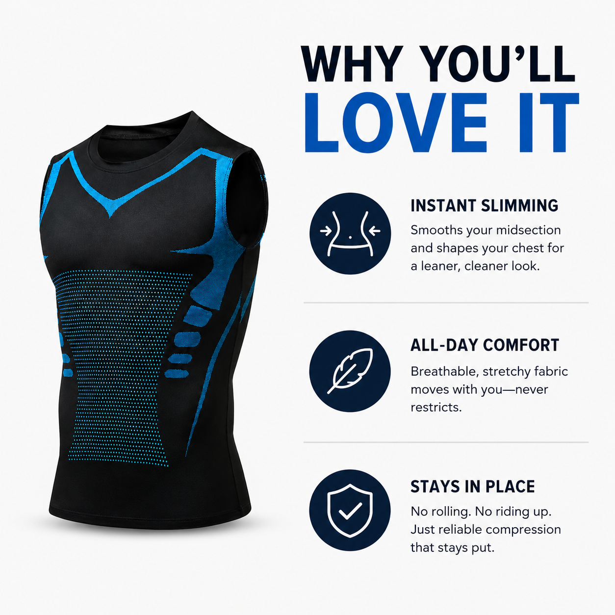 Black and blue compression shirt with features listed on a white background