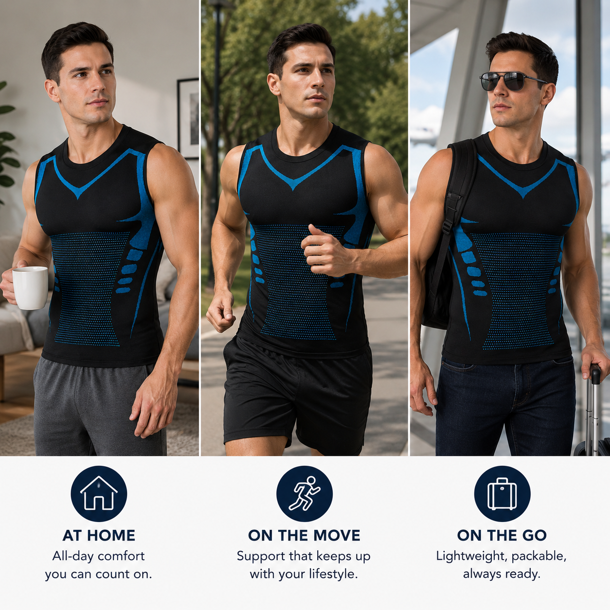 Man wearing a black and blue compression shirt in various settings with text describing its use.