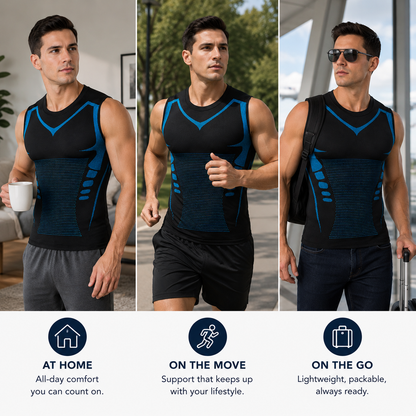 Man wearing a black and blue compression shirt in various settings with text describing its use.